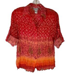 California Krush 3/4 Sleeve Crinkle Blouse Boho Orange Retro Vintage Vibe Size M